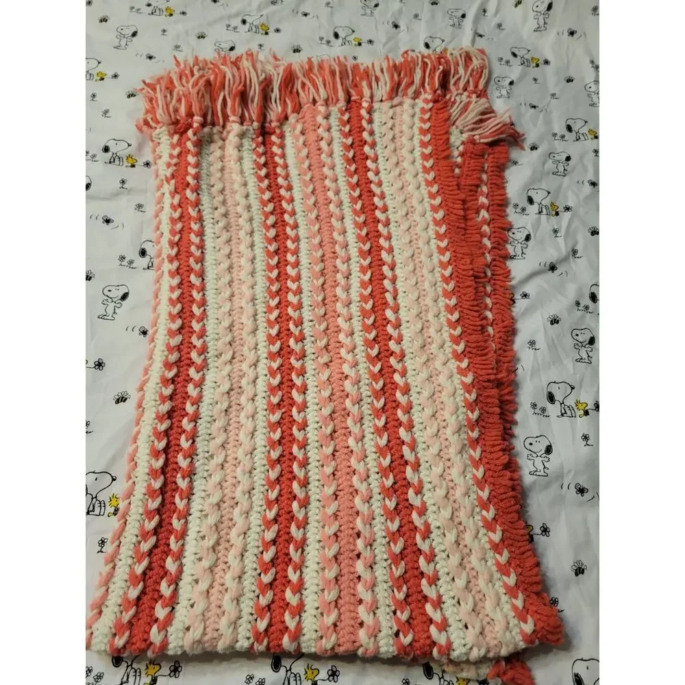 Handmade Crochet Afghan Throw Blanket RPink & White Cottage Core Gorgeous!